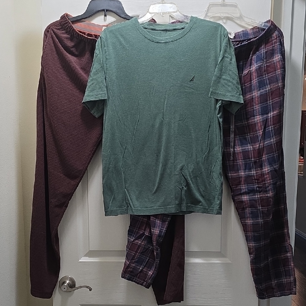 Nautica Men's Green T-Shirt with Plaid and Maroon Pajama Pants